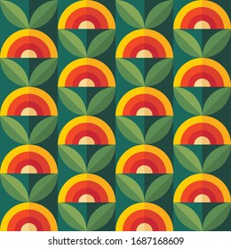 Fruits And Leaves Nature Background. Mid-century Modern Art Vector. Abstract Geometric Seamless Pattern. Decorative Ornament In Retro Vintage Design Flat Style. Floral Backdrop.