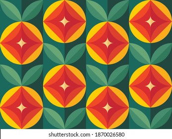 Fruits and leaves nature background. Mid-century modern art vector. Abstract geometric seamless pattern. Decorative ornament in retro vintage design flat style. Floral backdrop.