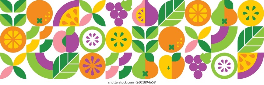 Fruits, leaves and slices.Seamless pattern.Abstract geometric design.Set of vector icons in simple flat style.Elements isolated on a white background. Orange, fig, plum, passion fruit, grapes, pear.
