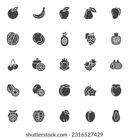 Fruits with leaves vector icons set, modern solid symbol collection, filled style pictogram pack. Signs logo illustration. Set includes icon as orange, banana, apple, pineapple, strawberry, mangosteen