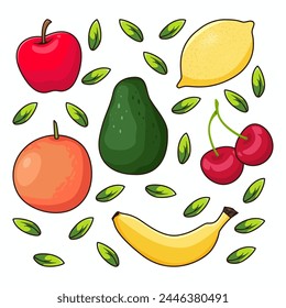 Ilustración vectorial de frutas y hojas