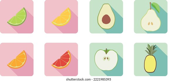 fruits, lemon, orange, pineapple, apple, pear, icons, avocado, grapefruit,