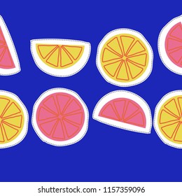 Fruits  lemon  seamless motif, doodles,spots, half,segment,circle,dotted lines, labels. Hand drawn.