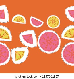 Fruits  lemon seamless  motif, doodles,spots, half,segment,circle,dotted lines, labels. Hand drawn.