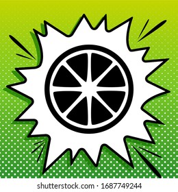 Fruits lemon sign. Black Icon on white popart Splash at green background with white spots. Illustration.