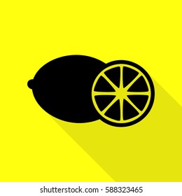 Fruits lemon sign. Black icon with flat style shadow path on yellow background.