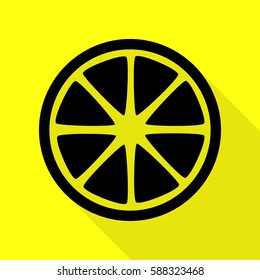 Fruits lemon sign. Black icon with flat style shadow path on yellow background.