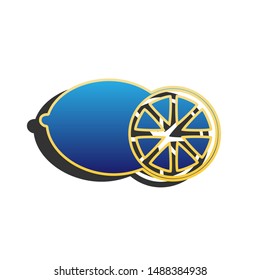 Fruits lemon sign. Blue icon with gold contour with dark gray shadow at white background. Illustration.