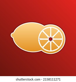 Fruits lemon sign. Golden gradient Icon with contours on redish Background. Illustration.