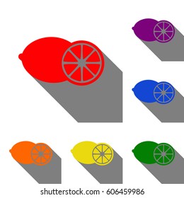 Fruits lemon sign. Set of red, orange, yellow, green, blue and violet icons at white background with flat shadow.