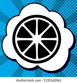 Fruits lemon sign. Vector. Black icon in bubble on blue pop-art background with rays.