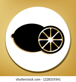 Fruits lemon sign. Vector. Black icon with light brown shadow in white circle with shaped ring at golden background.