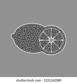 Fruits lemon sign. Vector. Black maze filled icon with white border at gray background.