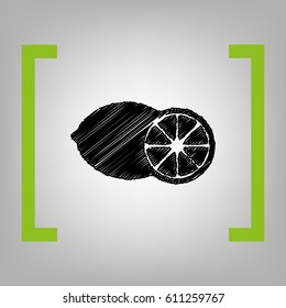 Fruits lemon sign. Vector. Black scribble icon in citron brackets on grayish background.