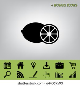 Fruits lemon sign. Vector. Black icon at gray background with bonus icons at celery ones