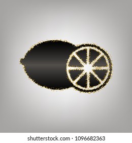Fruits lemon sign. Vector. Blackish icon with golden stars at grayish background.