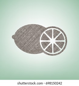 Fruits lemon sign. Vector. Brown flax icon on green background with light spot at the center.