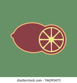 Fruits lemon sign. Vector. Cordovan icon and mellow apricot halo with light khaki filled space at russian green background.
