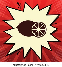 Fruits lemon sign. Vector. Dark red icon in lemon chiffon shutter bubble at red popart background with rays.