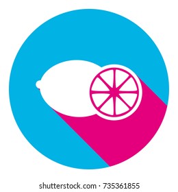 Fruits lemon sign. Vector. Flat white icon with mexican pink shadow inside sky blue(S and G) circle at white background. Isolated. Trend colors in 2017.