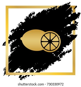 Fruits lemon sign. Vector. Golden icon at black spot inside golden frame on white background.