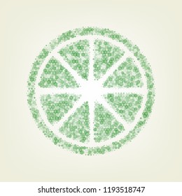 Fruits lemon sign. Vector. Green hexagon rastered icon and noised opacity and size at light green background with central light.
