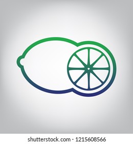 Fruits lemon sign. Vector. Green to blue gradient contour icon at grayish background with light in center.