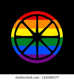 Fruits lemon sign. Vector. Icon with colors of LGBT flag at black background.