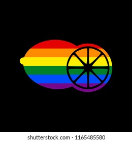 Fruits lemon sign. Vector. Icon with colors of LGBT flag at black background.