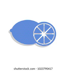 Fruits lemon sign. Vector. Neon blue icon with cyclamen polka dots pattern with light gray shadow on white background. Isolated.