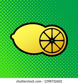 Fruits lemon sign. Vector. Pop art orange to yellow dots-gradient icon with black contour at greenish background.