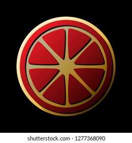 Fruits lemon sign. Vector. Red icon with small black and limitless shadows at golden sticker on black background.