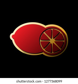 Fruits lemon sign. Vector. Red icon with small black and limitless shadows at golden sticker on black background.