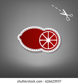 Fruits lemon sign. Vector. Red icon with for applique from paper with shadow on gray background with scissors.