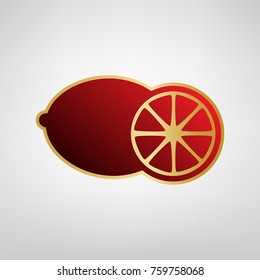 Fruits lemon sign. Vector. Red icon on gold sticker at light gray background.