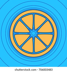 Fruits lemon sign. Vector. Sand color icon with black contour and equidistant blue contours like field at sky blue background. Like waves on map - island in ocean or sea.