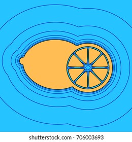 Fruits lemon sign. Vector. Sand color icon with black contour and equidistant blue contours like field at sky blue background. Like waves on map - island in ocean or sea.