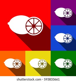 Fruits lemon sign. Vector. Set of icons with flat shadows at red, orange, yellow, green, blue and violet background.