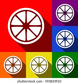 Fruits lemon sign. Vector. Set of icons with flat shadows at red, orange, yellow, green, blue and violet background.