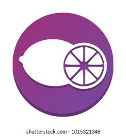 Fruits lemon sign. Vector. White icon with flat shadow on purpureus circle at white background. Isolated.