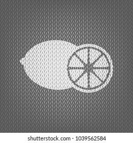 Fruits lemon sign. Vector. White knitted icon on gray knitted background. Isolated.