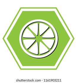 Fruits lemon sign. Vector. White icon with black shadow at yellow green honeycomb on white background.