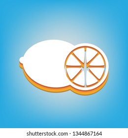 Fruits lemon sign. Vector. White icon with 3d warm-colored gradient body at sky blue background.
