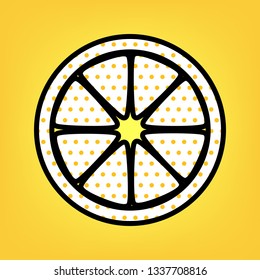 Fruits lemon sign. Vector. Yellow polka dot white icon with black contour at warm yellow background.