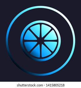 Fruits lemon sign. White, cyan and blue gradient icon as round button in white shell at dark blue background. Illustration.