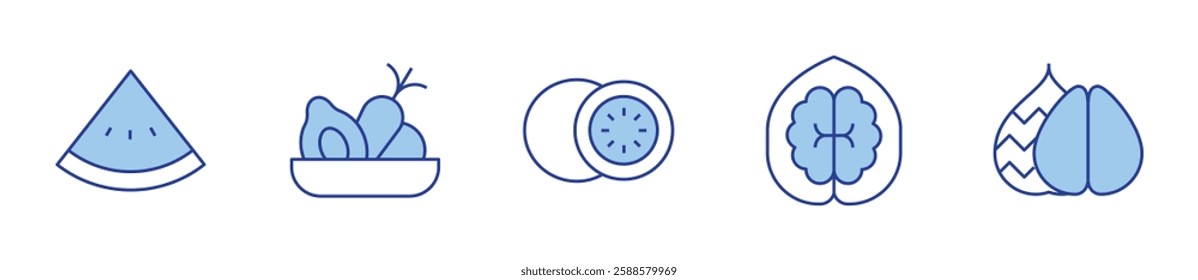 fruits, lemon, snake fruit, walnut, watermelon. Fruits Icon vector illustration. Line Duotone style. Editable stroke.