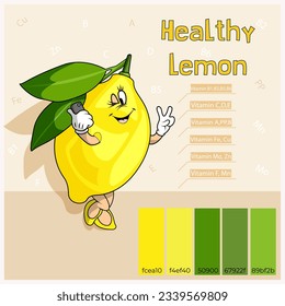 Fruits. Lemon is sour, tasty and healthy. Yellow color with arms and legs. Groovy style. Vitamin C, B5, D, E, B1, A, B6, B2, PP, B, Fe, Cu, Mo, Zn, F, Mn. Proper nutrition. Baby food.