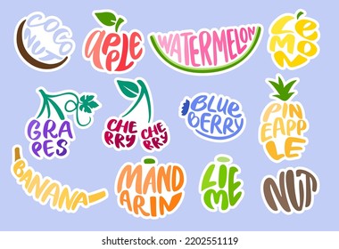 Fruits lettering. Calligraphy food badges, cherry and coconut typographical sign. Banana word, apple fruit and watermelon grocery stickers vector set of lettering food fruit illustration