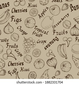 
Fruits. Lettering in English, lettering, calligraphy. Exotic. Healthy eating. Seamless patern. Vector hand-drawn graphic illustration. Diet, menu, juice, jam. Apples, cherries, bananas.