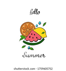 fruits and lettering hello summer, vector illustration isolated on white background